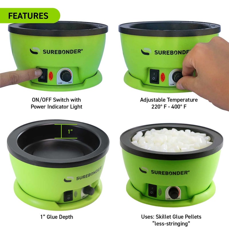 Surebonder 803 Electric Hot Glue Skillet, Adjustable Temperature 225-400Â°F, 5.25-Inch Diameter, 1-Inch Depth, Dip Crafts Directly Into Pot of Hot Glue, Green and Black - Image 4